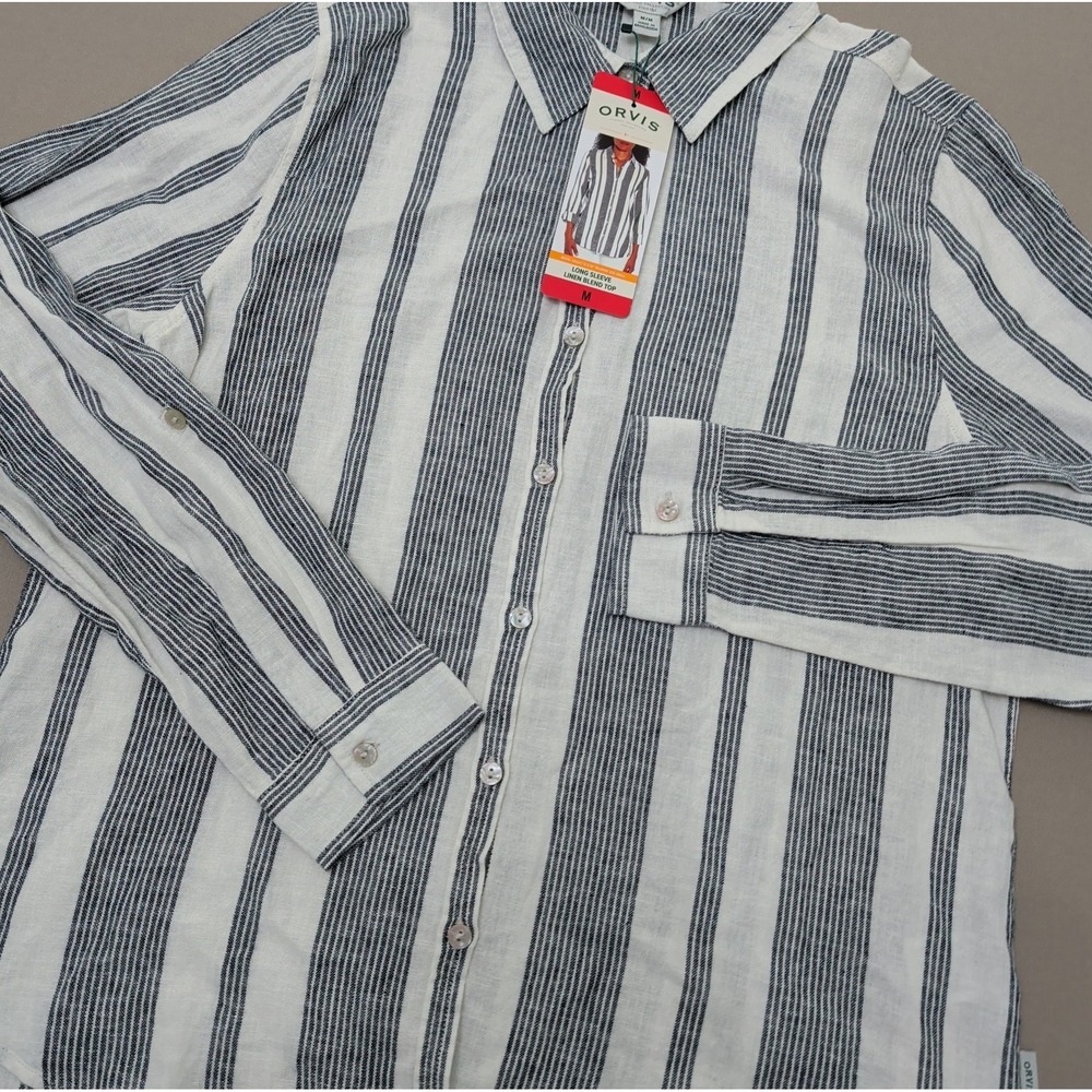 NWT Orvis Women's Long Roll Tab Sleeve Linen Blend Top Sz M Blue Stripe Coastal